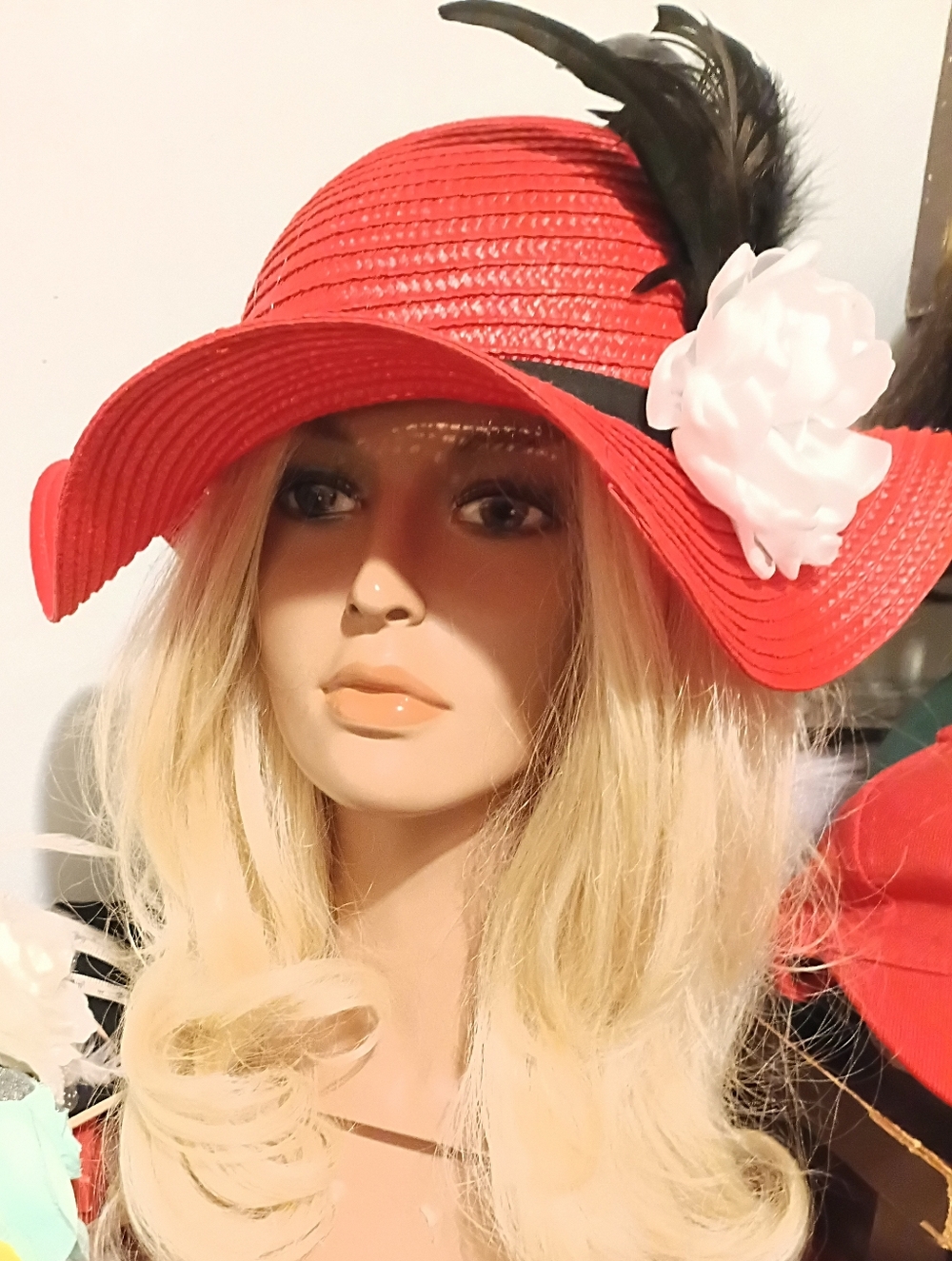 Red Wide-Brim Straw Sun Hat with Flower Accent